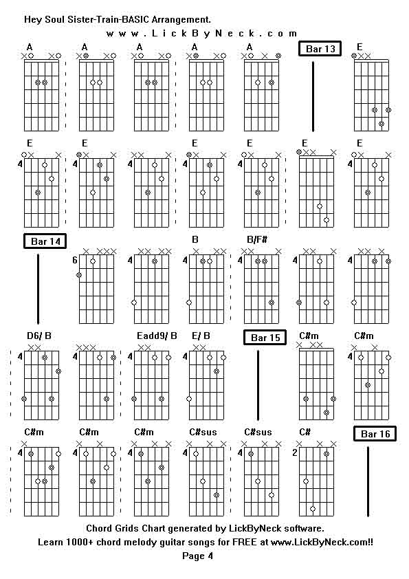 Chord Grids Chart of chord melody fingerstyle guitar song-Hey Soul Sister-Train-BASIC Arrangement,generated by LickByNeck software.